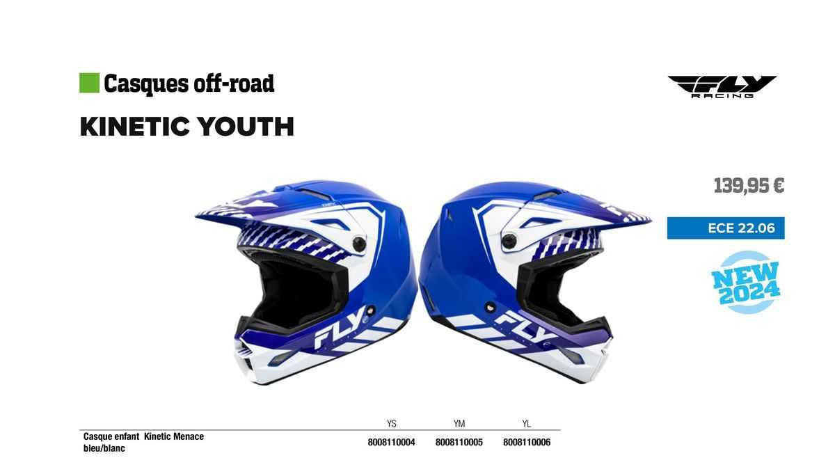 casque enfant kinetic menace bleu/blanc fly racing