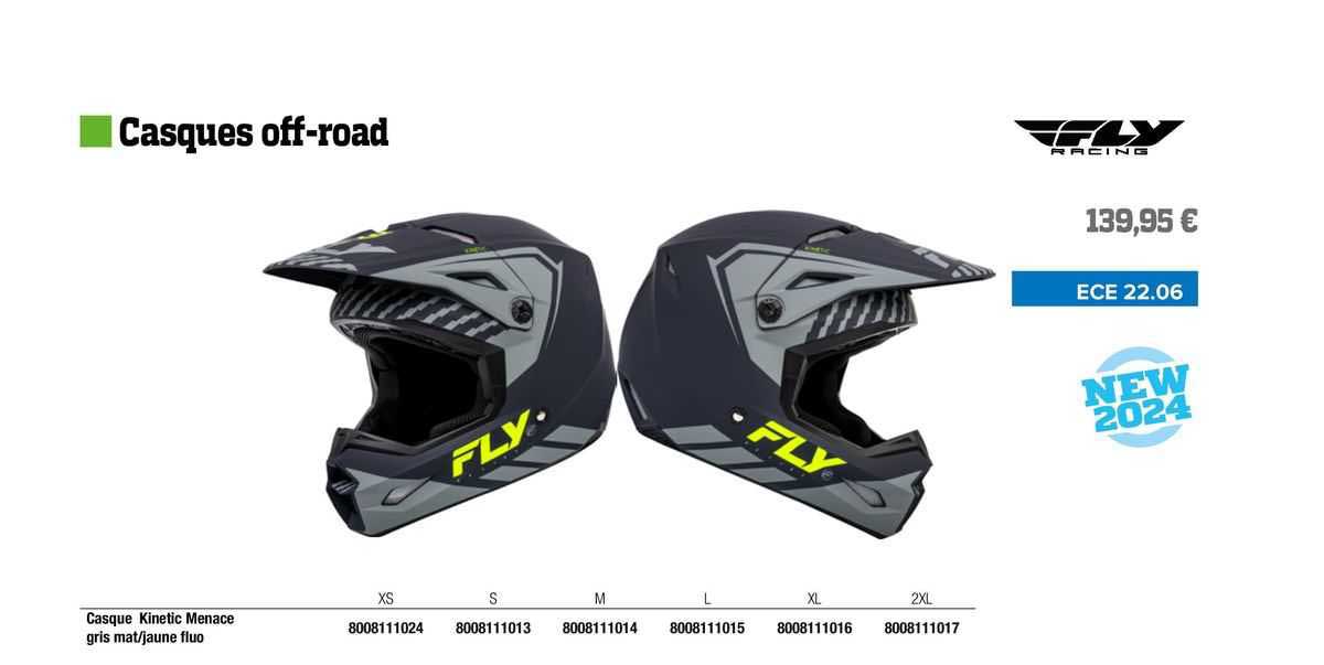 casque kinetic menace gris mat/jaune fluo fly racing