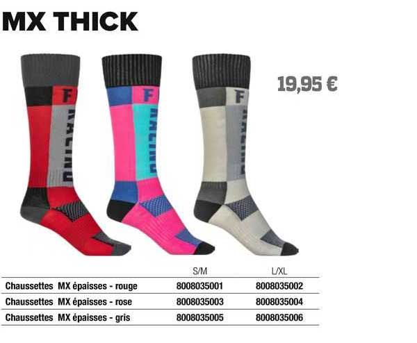 chaussettes mx épaisses - rouge, chaussettes mx épaisses - rose, chaussettes mx épaisses - gris fly racing