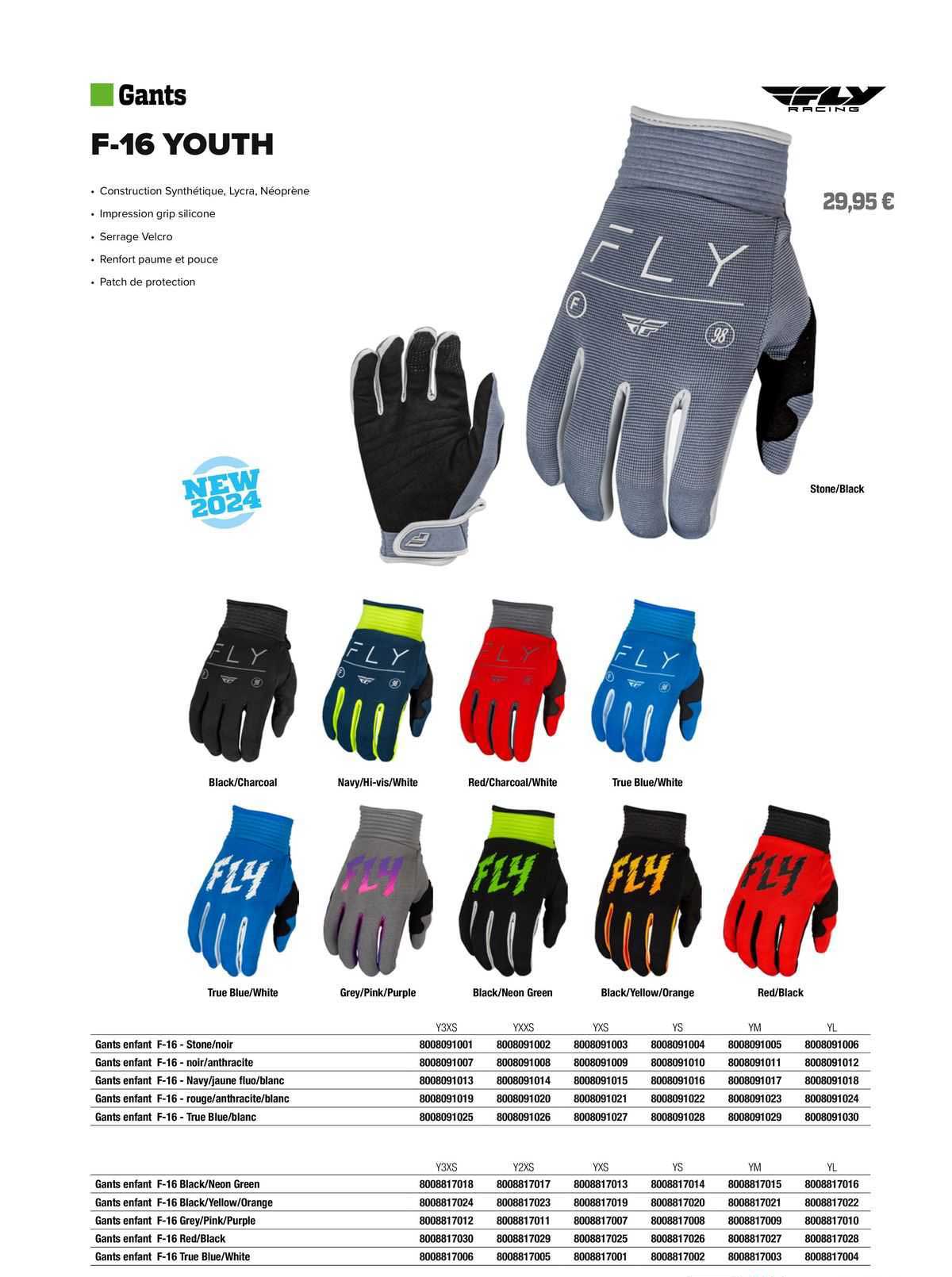 gants enfant f-16 - stone/noir fly rancing, gants enfant f-16 - noir/anthracite fly racing, gants enfant f-16 - navy/jaune fluo/blanc fly racing, gants enfant f-16 - rouge/anthracite/blanc fly racing
