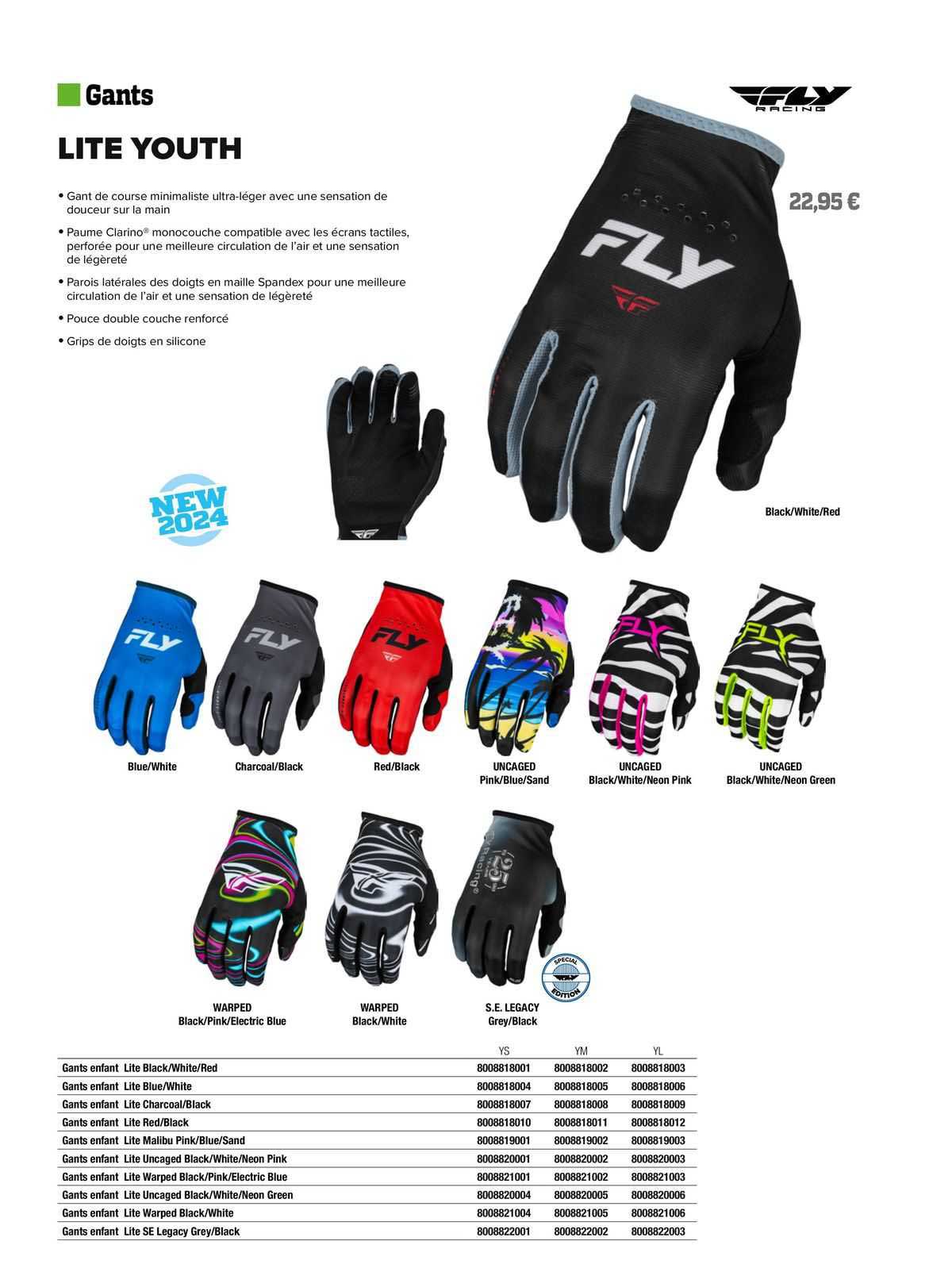 gants enfant lite black/white/red fly racing, gants enfant lite blue/white fly racing, gants enfant lite charcoal/black fly racing, gants enfant lite red/black fly racing, gants enfant lite malibu