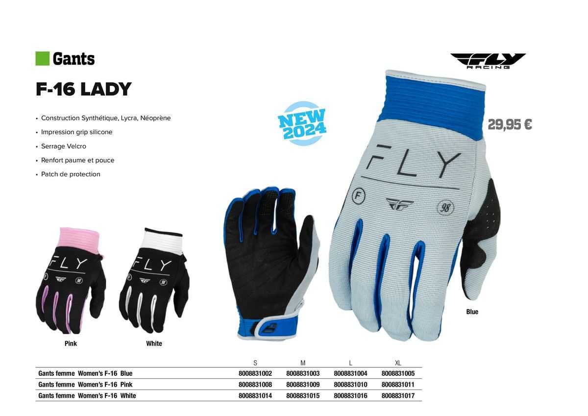 gants femme women's f-16 blue fly racing, gants femme women's f-16 pink fly racing, gants femme women's f-16 white fly racing