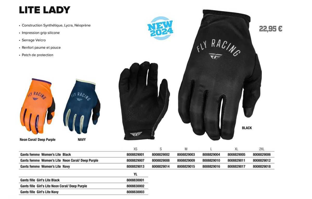 gants femme women's lite black fly racing, gants femme women's lite néon coral/deep purple fly racing, gants femme women's lite navy fly racing, gants fille girl's lite black fly racing