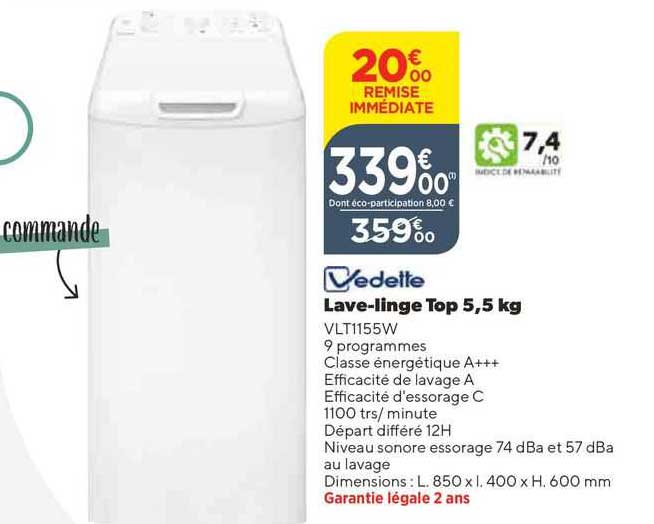 lave-linge top 5,5 kg vedette