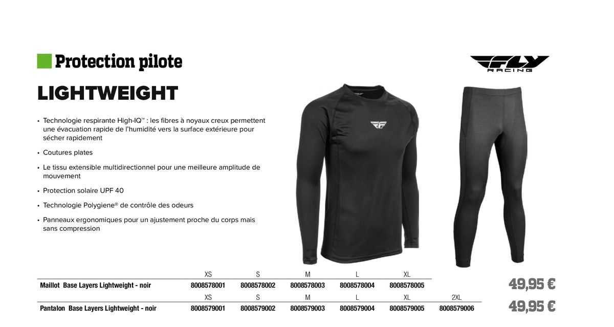 maillot base layers lightweight - noir, pantalon base layers lightweight - noir fly racing