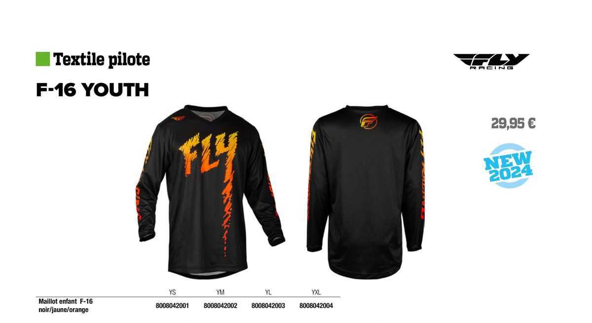 maillot enfant f-16 noir/jaune/orange fly racing