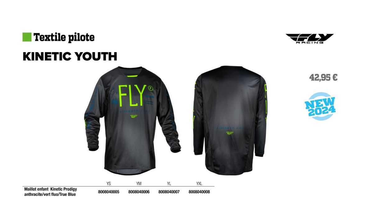 maillot enfant kinetic prodigy anthracite/vert fluo/true blue fly racing