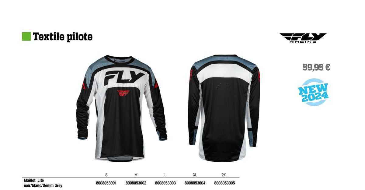 maillot lite noir/blanc/denim grey fly racing