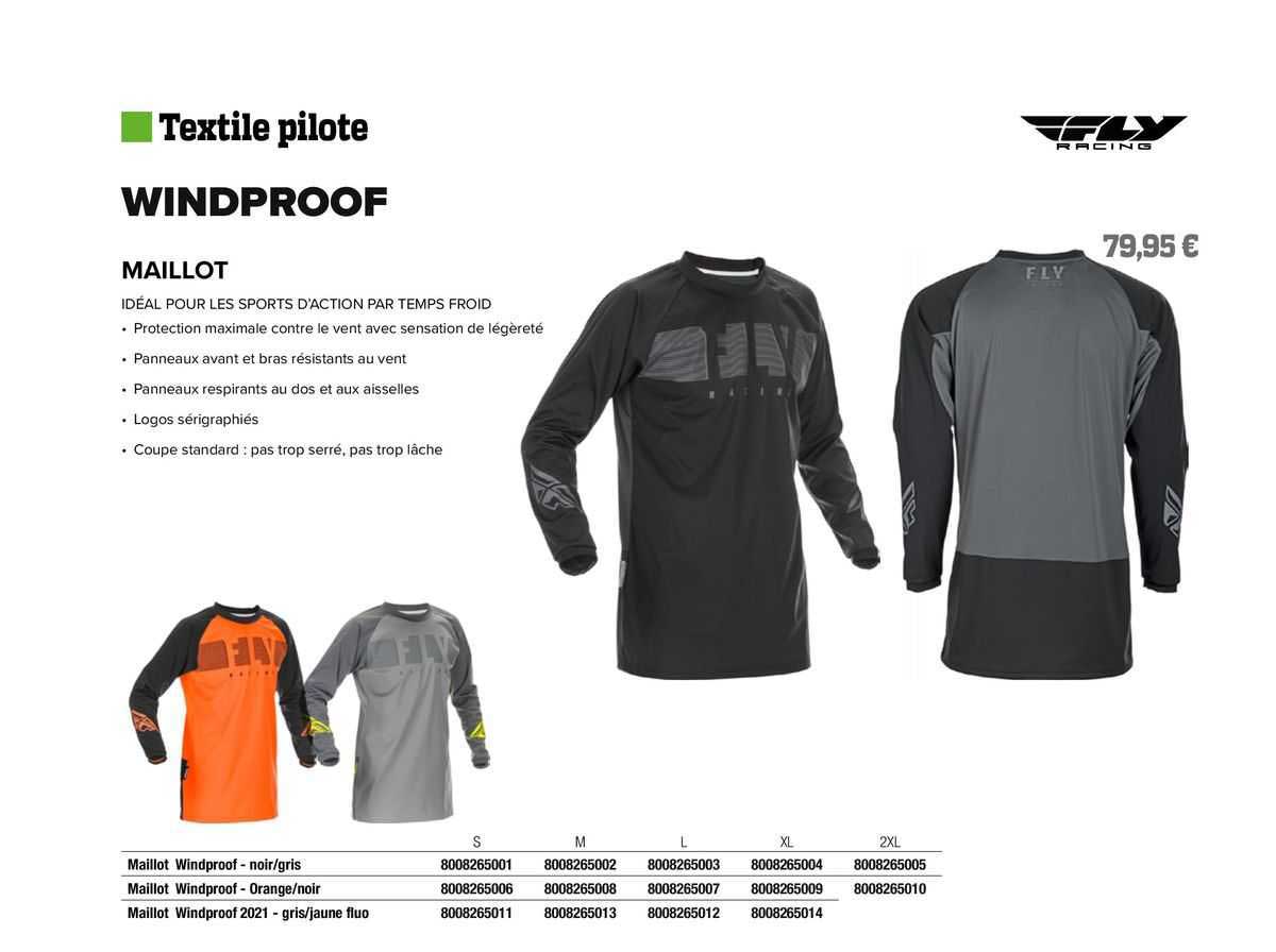 maillot windproof noir/gris, maillot windproof - orange/noir, maillo windproof 2021 - gris/jaune fluo fly racing