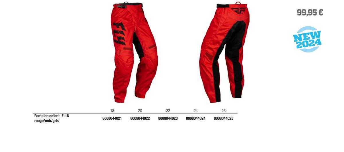 pantalon enfant f-16 rouge/noir/gris fly