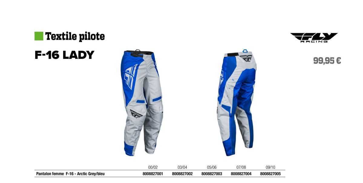 pantalon femme f-16 - arctic grey/bleu fly racing