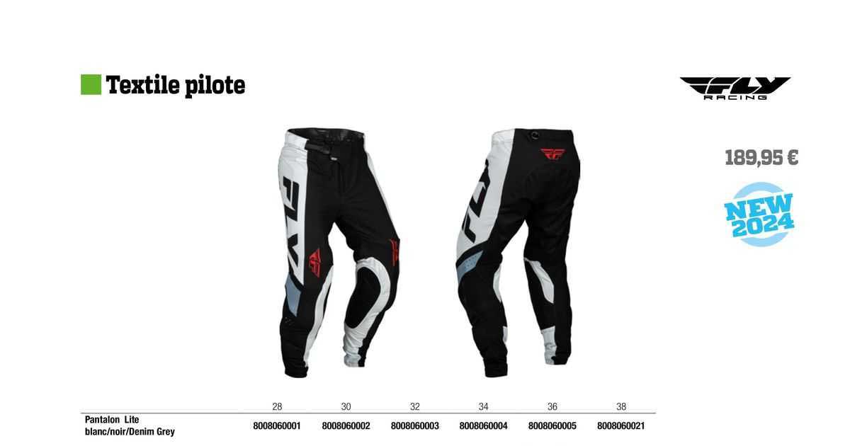 pantalon lite blanc/noir/denim grey fly racing