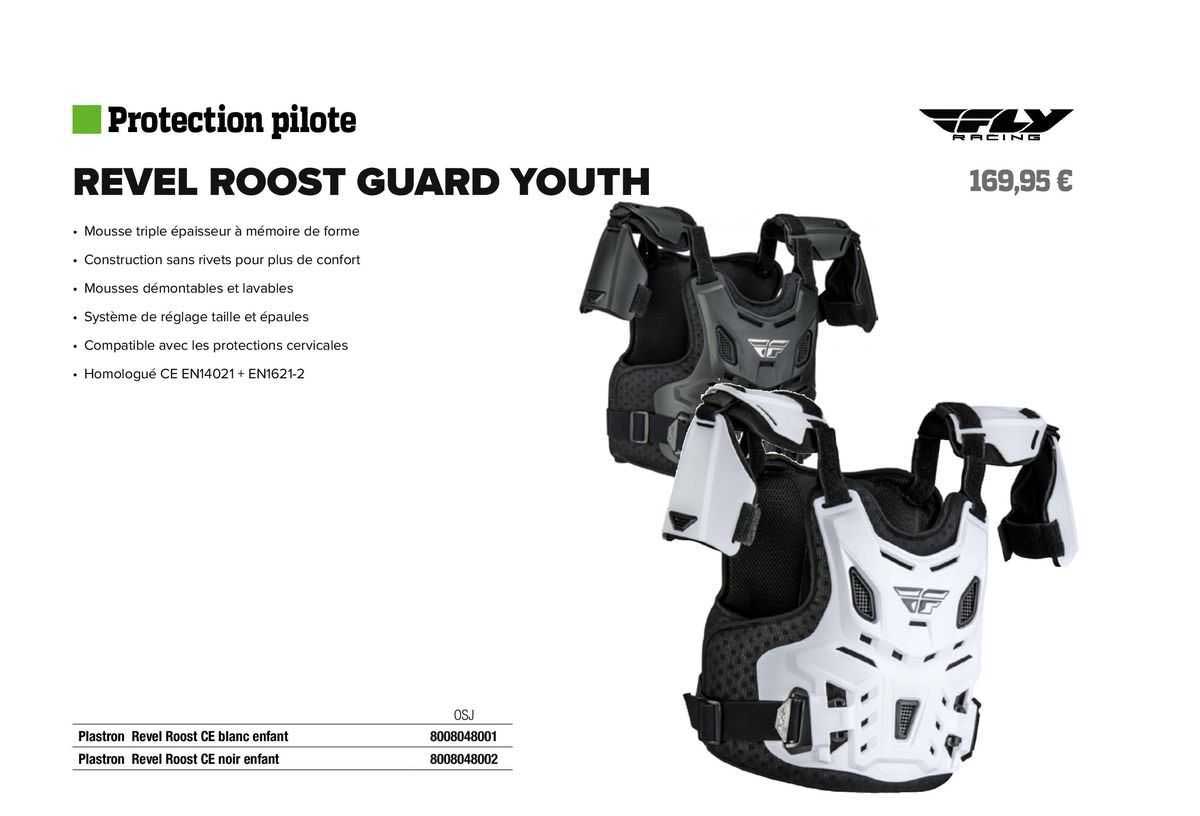 plastron revel roost ce blanc enfant fly racing, plastron revel roost ce noir enfant fly racing