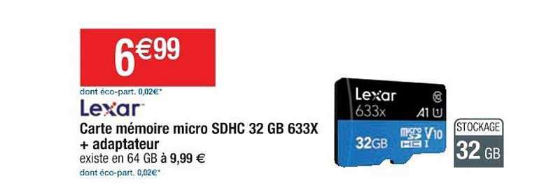 carte mémoire micro sdhc 32 gb 633x + adaptateur lexar