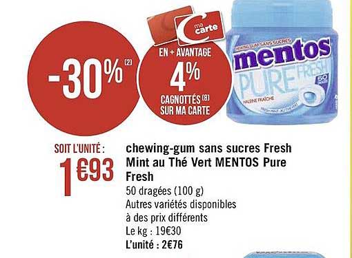 chewing-gum sans sucres fresh mint au thé vert mentos pure fresh