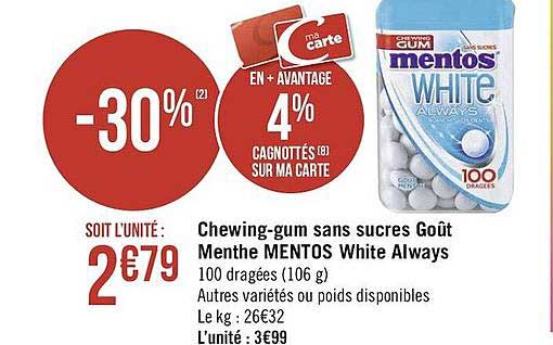 chewing-gum sans sucres goût menthe mentos white always