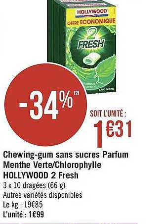 chewing-gum sans sucres parfum menthe verte-chlorophylle hollywood 2 fresh