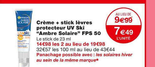 crème + stick lèvres protecteur uv ski "ambre solaire" fps 50