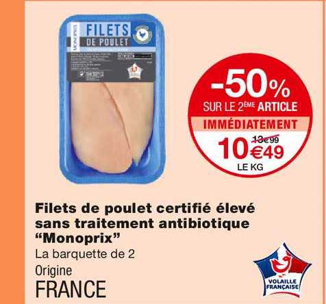Filets De Poulet Certifié élevé Sans Traitement Antibiotique "monoprix"