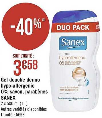 gel douche dermo hypo-allergenic 0% savon, parabènes sanex