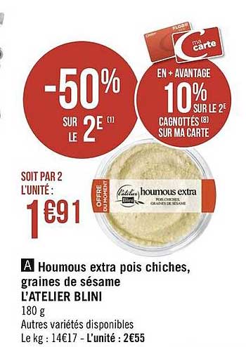 houmous extra pois chiches, graines de sésame l'atelier blini