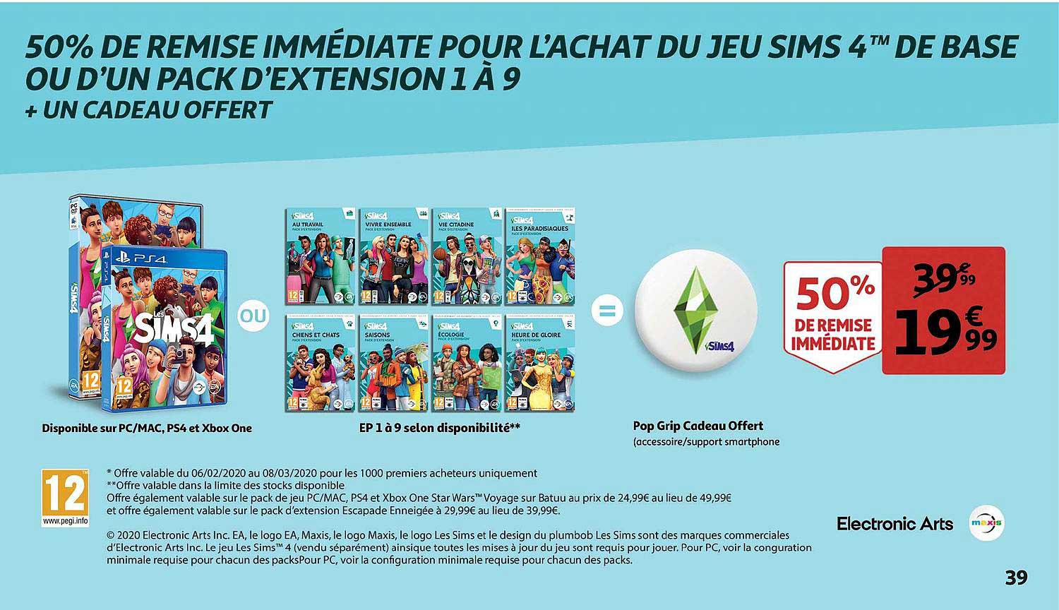 jeu sims 4tm de base ou d'un pack d'extension 1 à 9