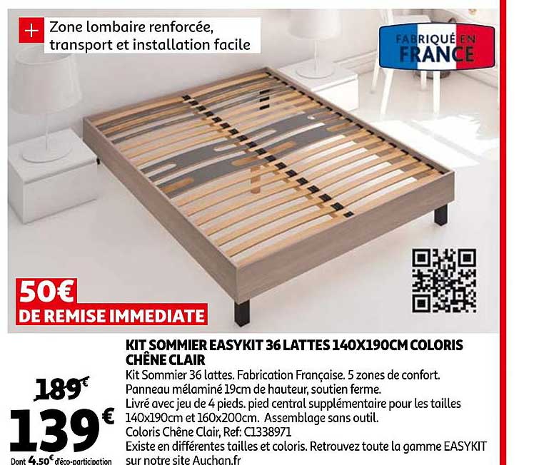 kit sommier easykit 36 lattes 140 x 190 cm coloris chêne clair