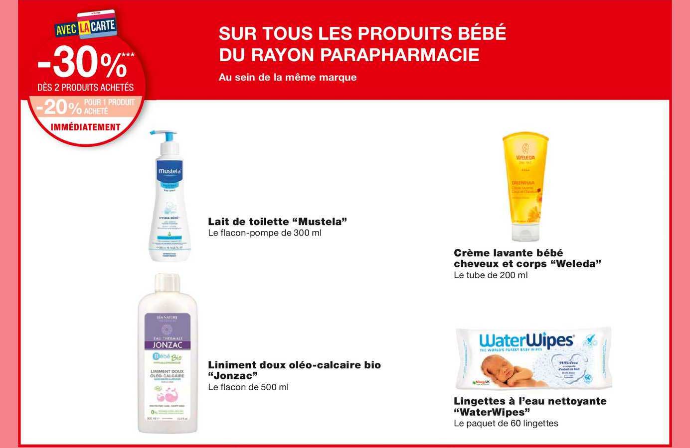 lait de toilette "mustela", liniment doux oléo-calcaire bio "jonzac", crème lavante bébé cheveux et corps "weleda", lingettes à l'eau nettoyante "waterwipes"
