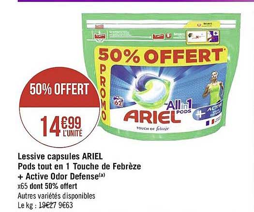 lessive capsules ariel pods tout en 1 touche de febrèze + active odor defense