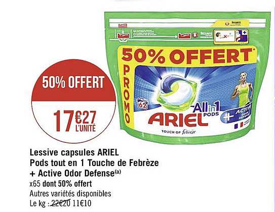 lessive capsules ariel pods tout en 1 touche de febrèze + active odor defense