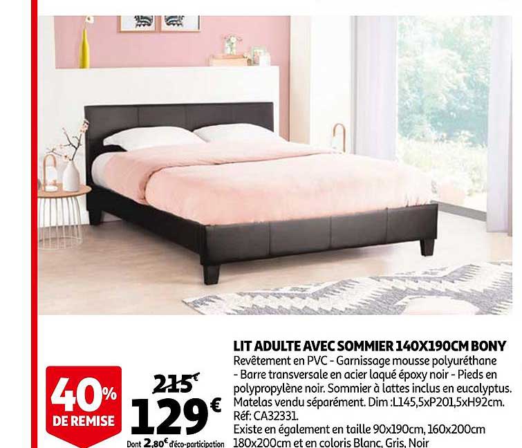lit adulte avec sommier 140 x 190 cm bony