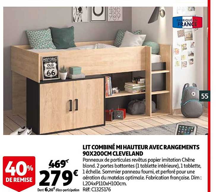 lit combiné mi hauteur avec rangements 90 x 200 cm cleveland