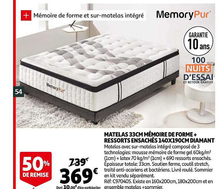 matelas 33 cm mémoire de forme + ressorts ensachés 140x190 cm diamand