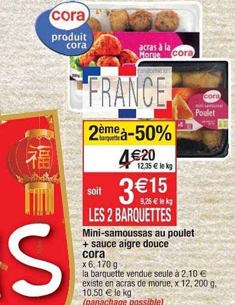 mini-samoussas au poulet + sauce aigre douce cora