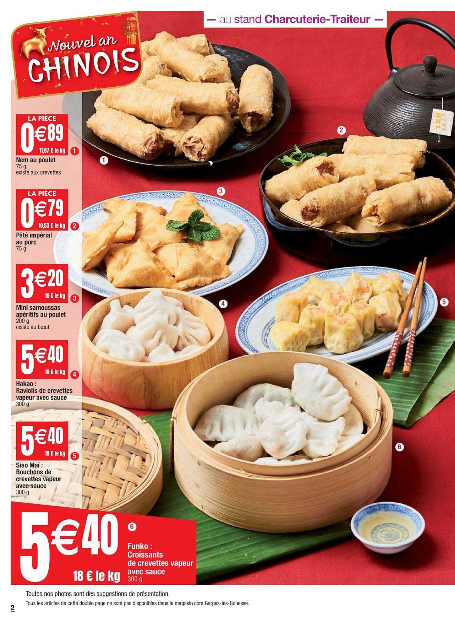 nems au poulet, pâté impérial au porc, mini samoussas apéritifs au poulet, hakao : ravioli de crevettes, siao maï : bouchons de crevettes