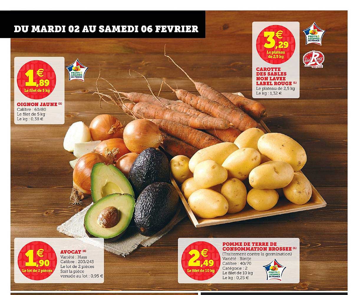 oignon jaune, avocat, pomme de terre de consommation brossée, carotte des sables non lavée label rouge