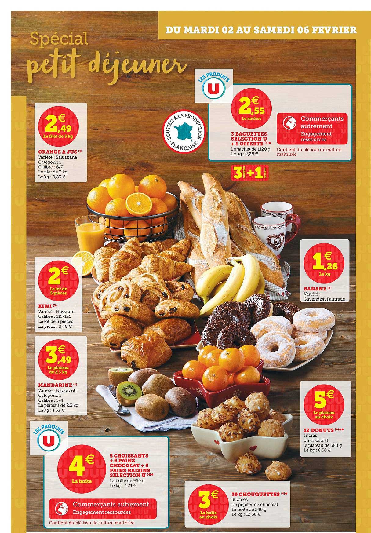 Orange à Jus, Kiwi, Banane, Mandarine, 5 Croissants + 5 Pains Au Chocolat + 5 Pains Raisins U Selection , 30 Chouquettes, 12 Donuts