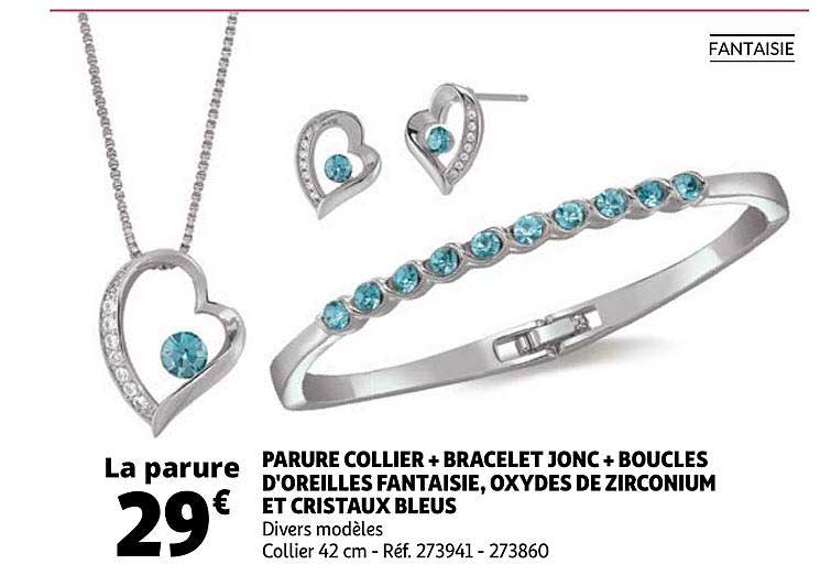parure collier + bracelet jonc + boucles d'oreilles fantaisie, oxydes de zirconium et cristaux bleus