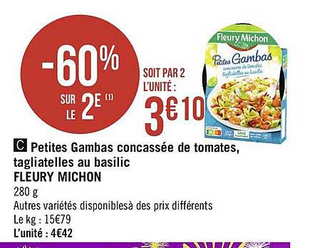 petites gambas concassée de tomates, tagliatelles au basilic fleury michon