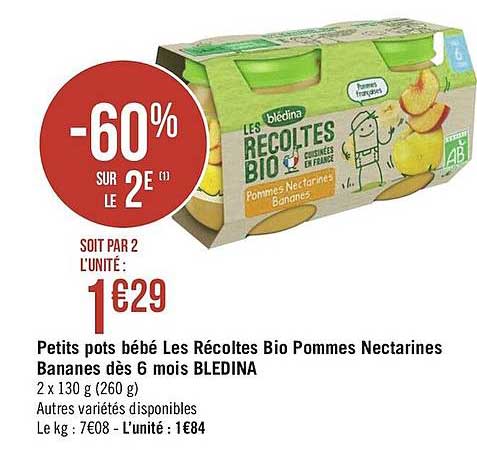petits pots bébé les récoltes bio pommes nectarines bananes dès 6 mois bledina