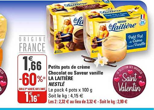 petits pots de crème chocolat ou saveur vanille la laitière nestlé