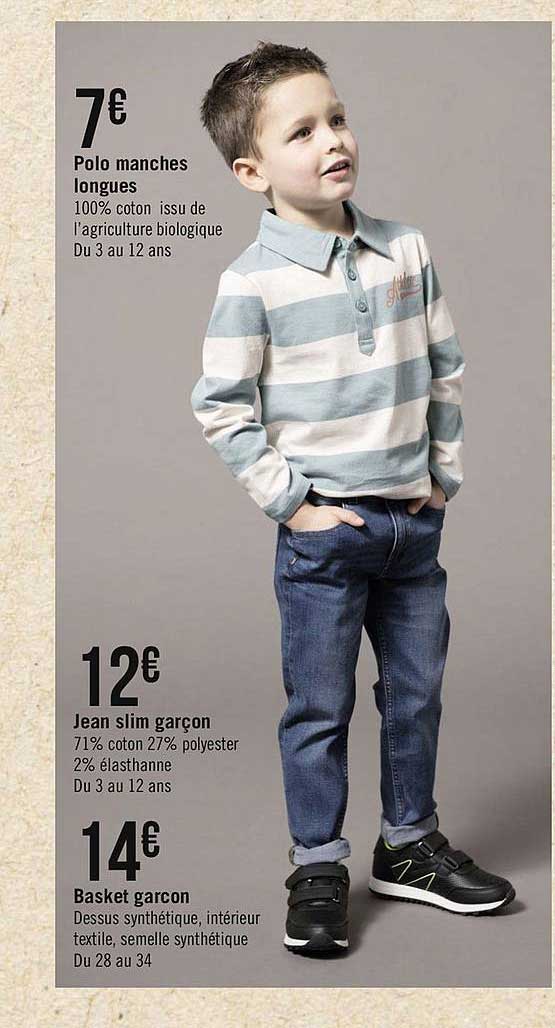 polo manches longues, jean slim garçon, basket garçon