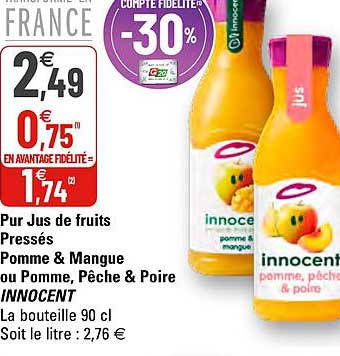 pur jus de fruits pressés pomme & mangue ou pomme, pêche & poire innocent