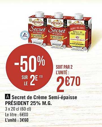secret de crème semi-épaisse président 25% m.g.