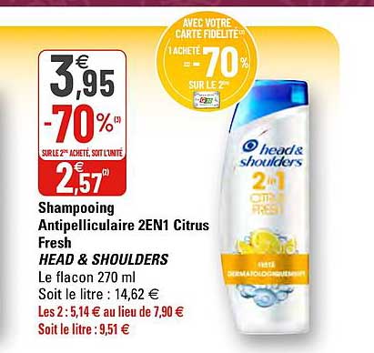 shampooing antipelliculaire 2 en 1 citrus fresh head & shoulders