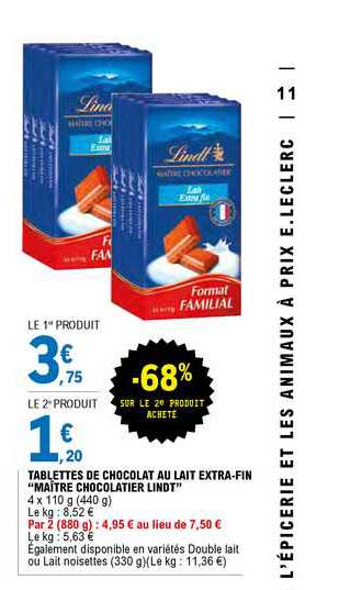 Tablettes De Chocolat Au Lait Extra-fin "maître Chocolatier Lindt"