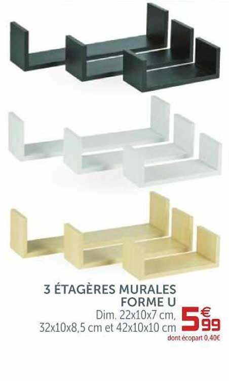 3 étagères murales forme u