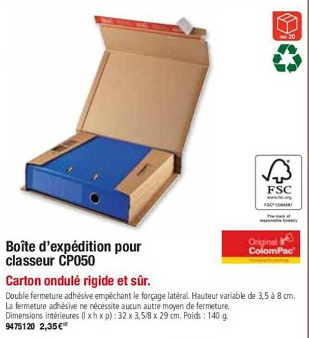 boîte d'expédition pour classeur cp050 carton ondulé rigide et sûr