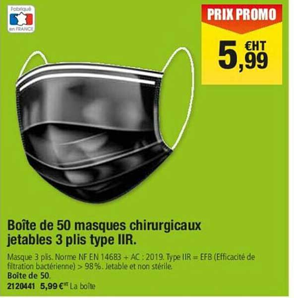 boîte de 50 masques chirurgicaux jetables 3 plis type IIR