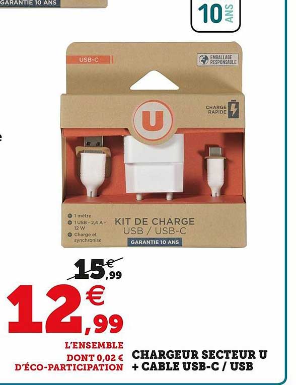 chargeur secteur u + cable usb-c usb